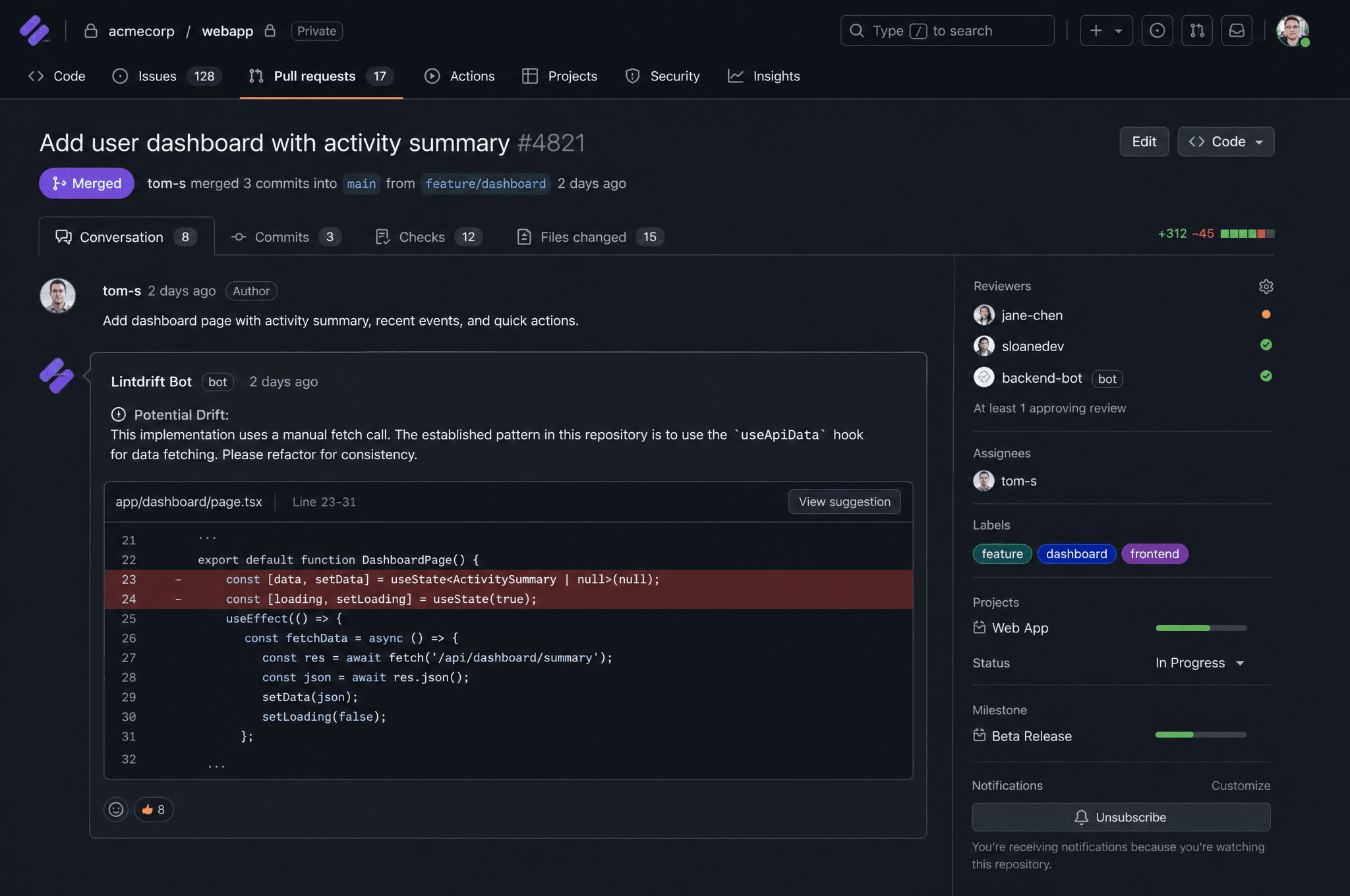 An example of Lintdrift providing automated feedback on a pull request to correct code inconsistency.